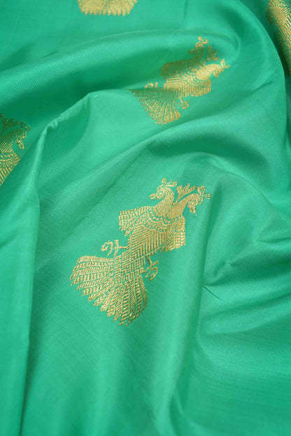 Green Light Weight Pure Silk Peacock Butta Golden Violet Zari Fancy Pallu Saree NAA136