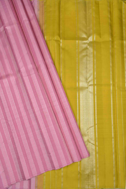 Pink Light Weight Pure Silk Sliver Zari Lines Light Green Pallu Saree NAA137