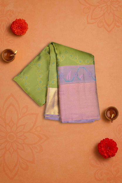 Golden Green Kanchipuram Bridal Pure Silk Fancy Print Zari Border Pallu Saree NAA123