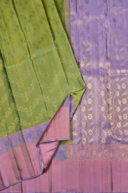 Golden Green Kanchipuram Bridal Pure Silk Fancy Print Zari Border Pallu Saree NAA123