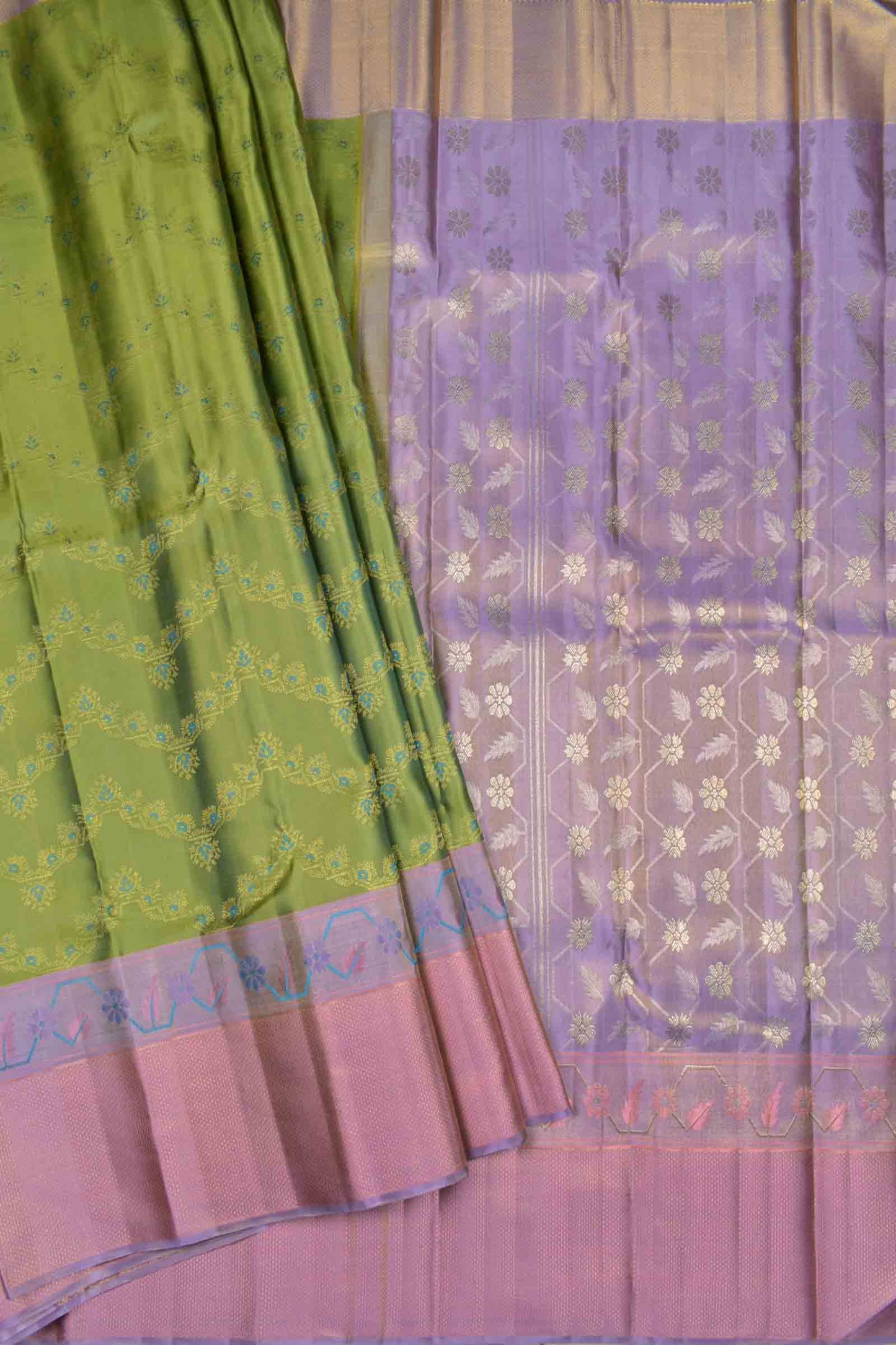 Golden Green Kanchipuram Bridal Pure Silk Fancy Print Zari Border Pallu Saree NAA123