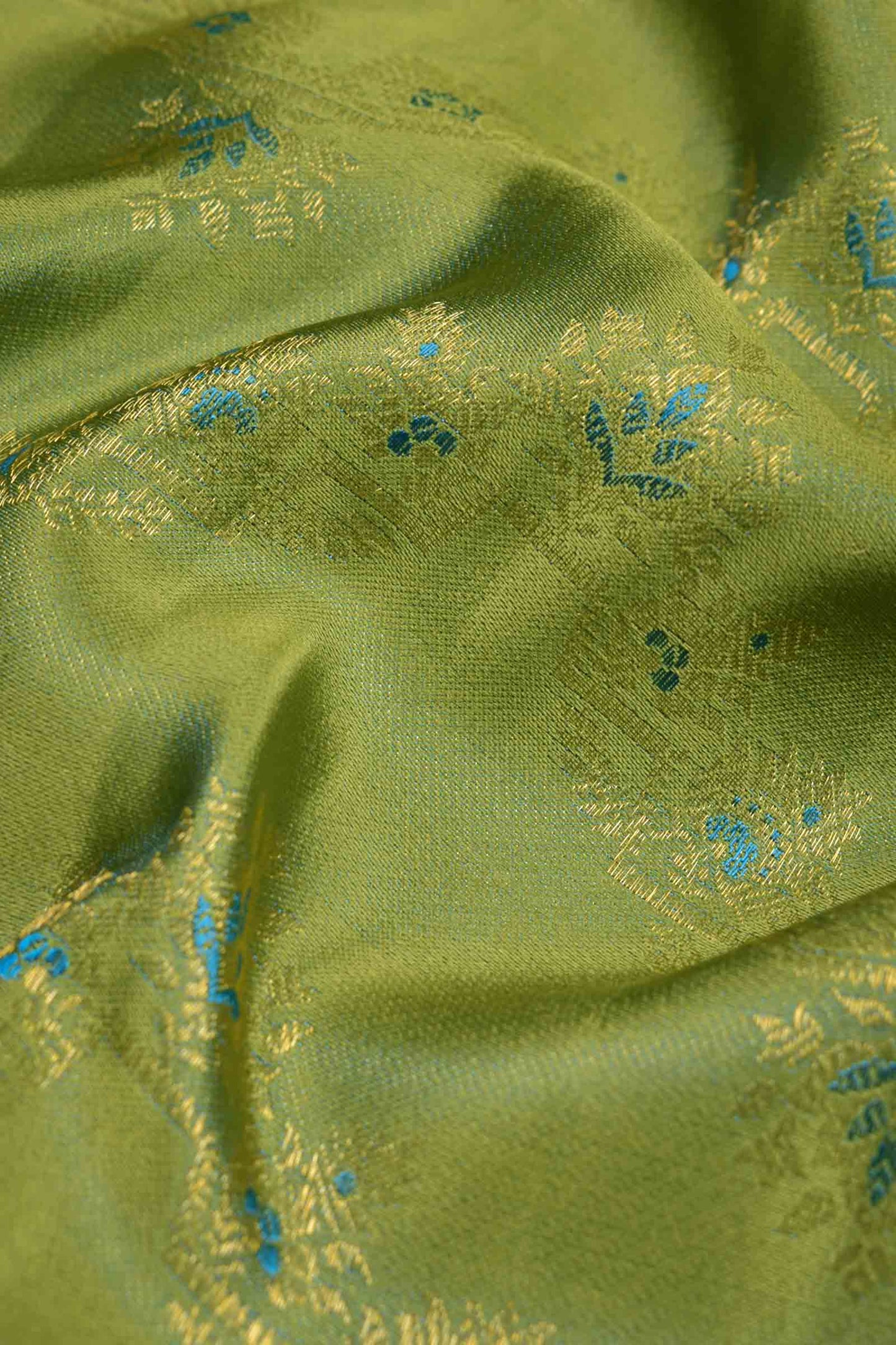 Golden Green Kanchipuram Bridal Pure Silk Fancy Print Zari Border Pallu Saree NAA123