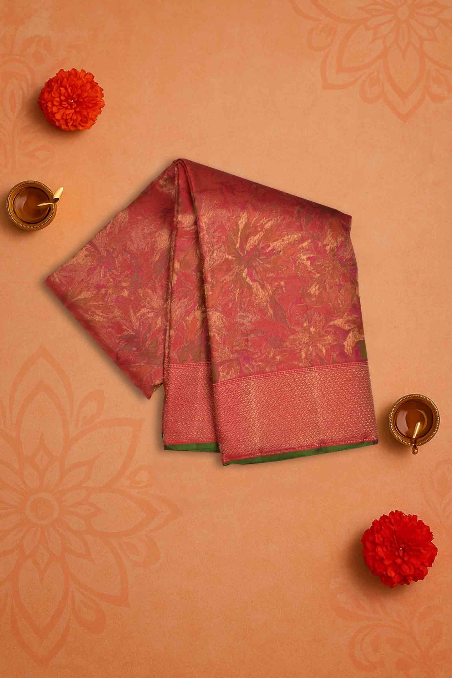 Golden Red Kanchipuram Bridal Pure Silk Floral Flowers Body Zari Border Saree NAA140
