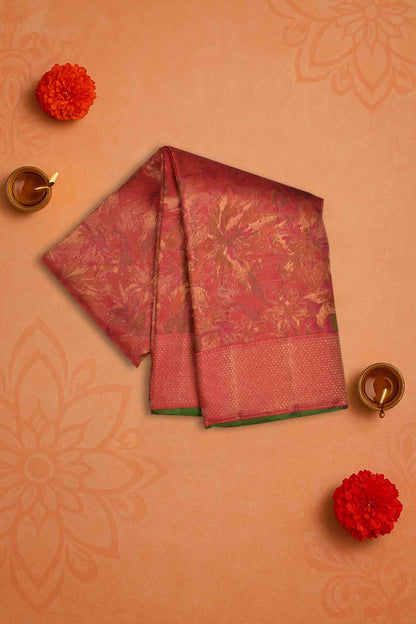 Golden Red Kanchipuram Bridal Pure Silk Floral Flowers Body Zari Border Saree NAA140