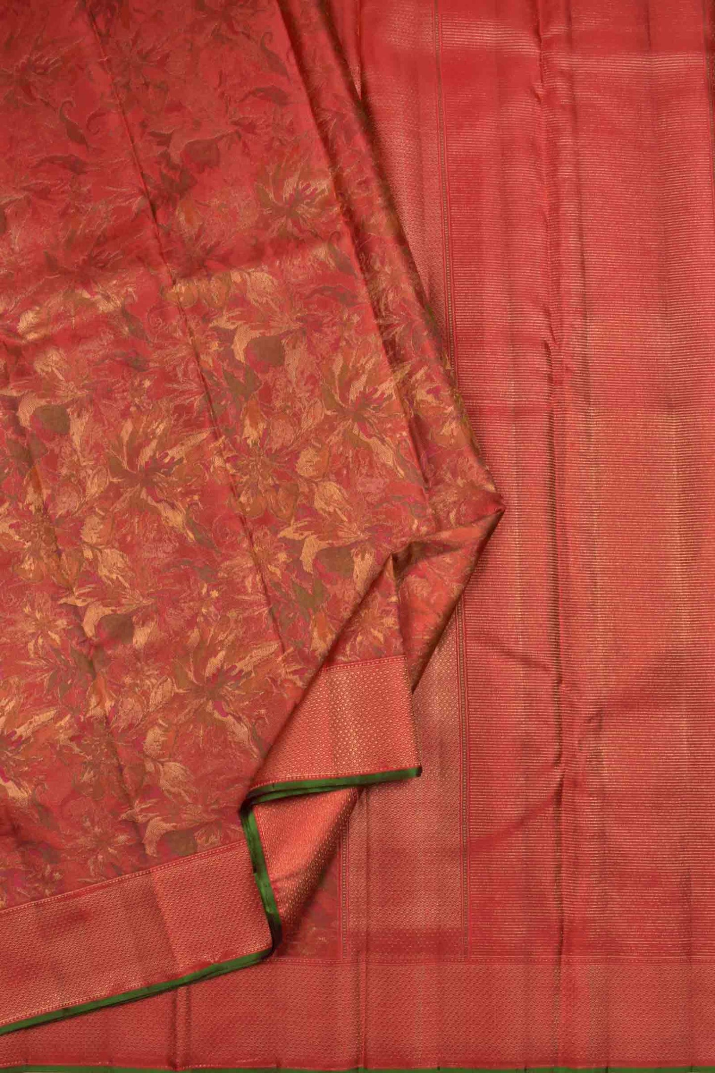 Golden Red Kanchipuram Bridal Pure Silk Floral Flowers Body Zari Border Saree NAA140