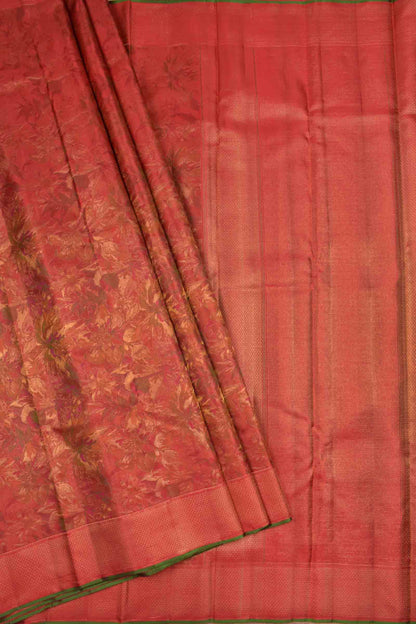 Golden Red Kanchipuram Bridal Pure Silk Floral Flowers Body Zari Border Saree NAA140