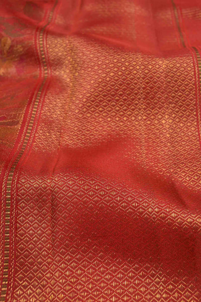 Golden Red Kanchipuram Bridal Pure Silk Floral Flowers Body Zari Border Saree NAA140