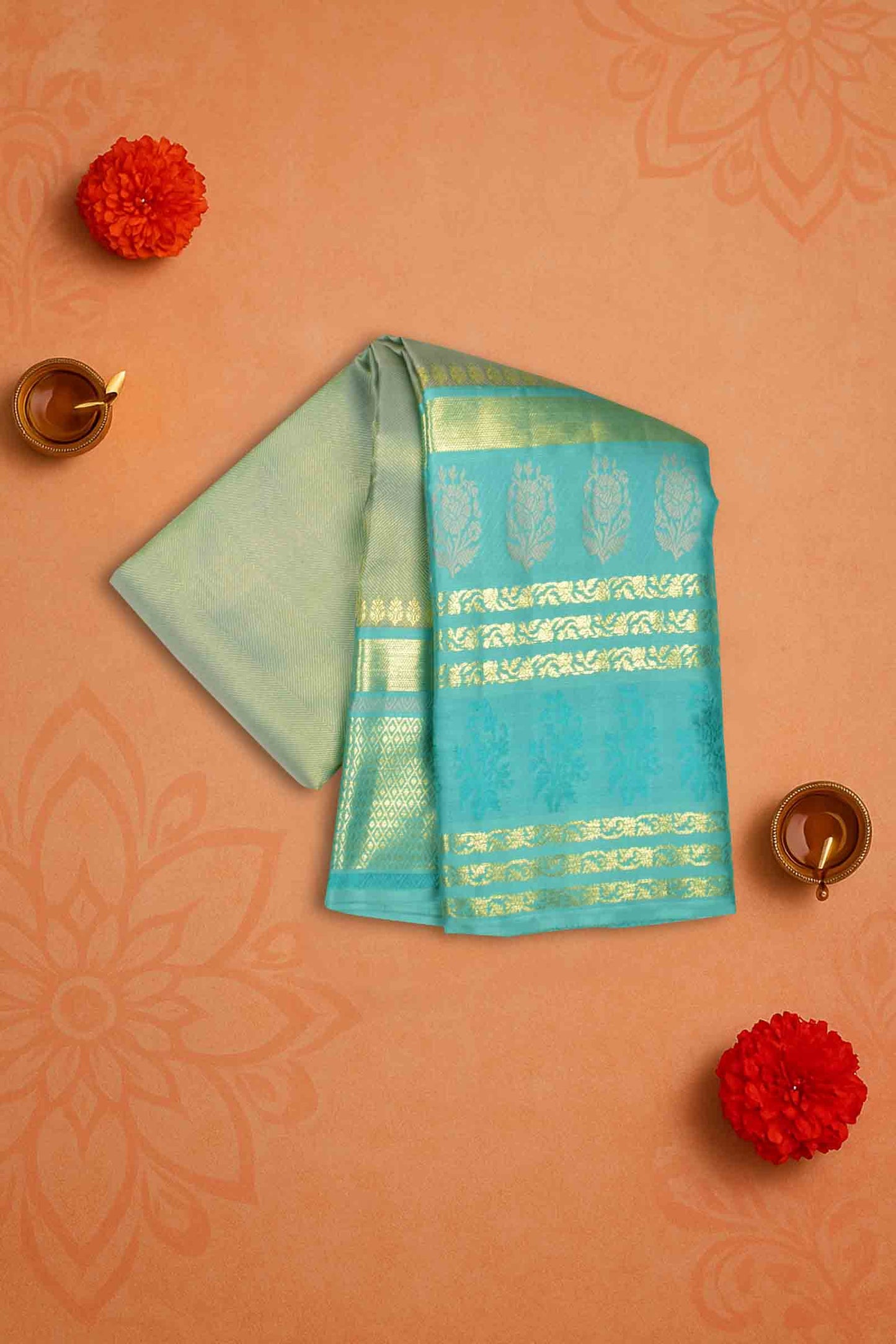Golden Light Green Kanchipuram Bridal Pure Silk Zari Lines Zari Flowers Border Pallu Saree NAA141