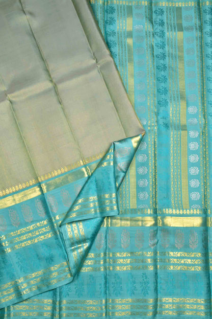 Golden Light Green Kanchipuram Bridal Pure Silk Zari Lines Zari Flowers Border Pallu Saree NAA141