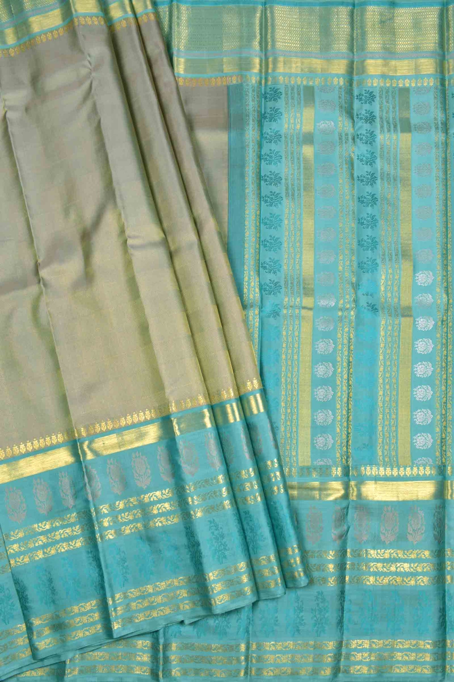 Golden Light Green Kanchipuram Bridal Pure Silk Zari Lines Zari Flowers Border Pallu Saree NAA141