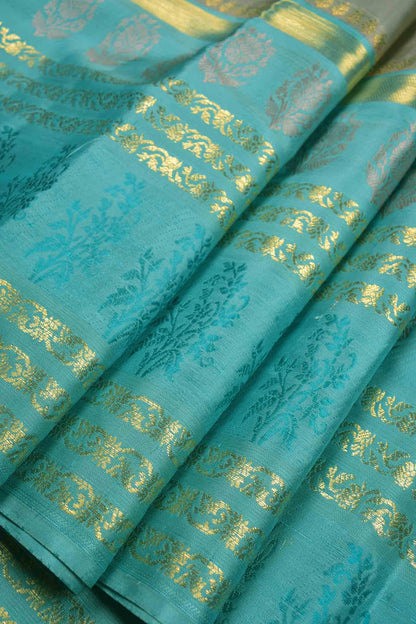 Golden Light Green Kanchipuram Bridal Pure Silk Zari Lines Zari Flowers Border Pallu Saree NAA141