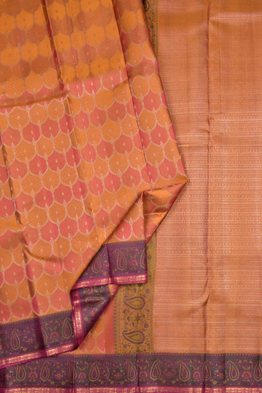 Golden Mustard Yellow With Pink Light Weight Pure Silk Fancy Print Voilet Border Zari Pallu Saree NAA142