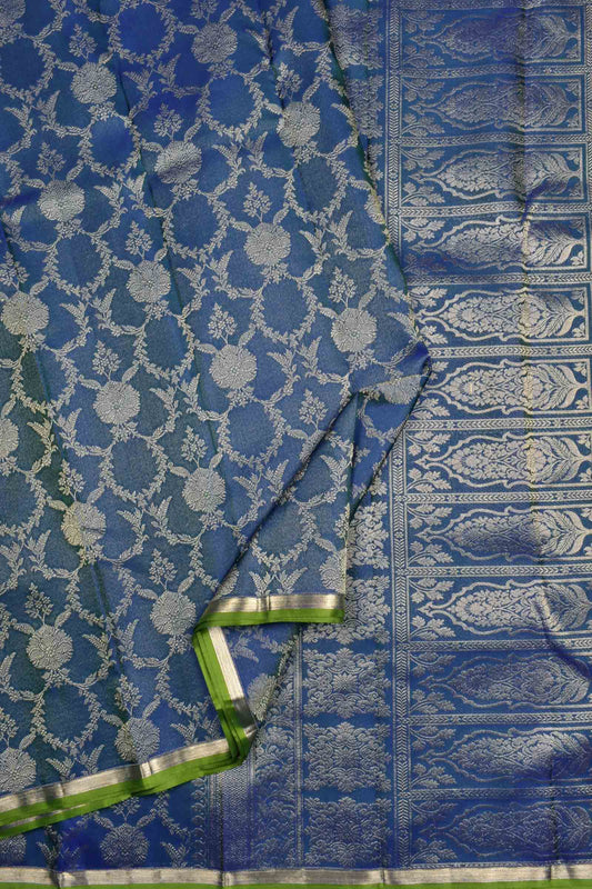 Navy Blue Kanchipuram Bridal Pure Silk Floral Zari Fancy Print Green Zari Border Saree NAA144