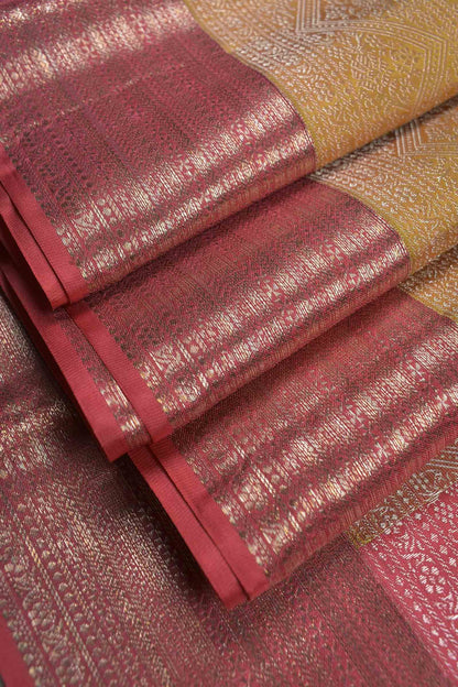 Mustard Yellow Light Weight Pure Silk Golden Zari Lines Red Border Pallu Saree NAA145