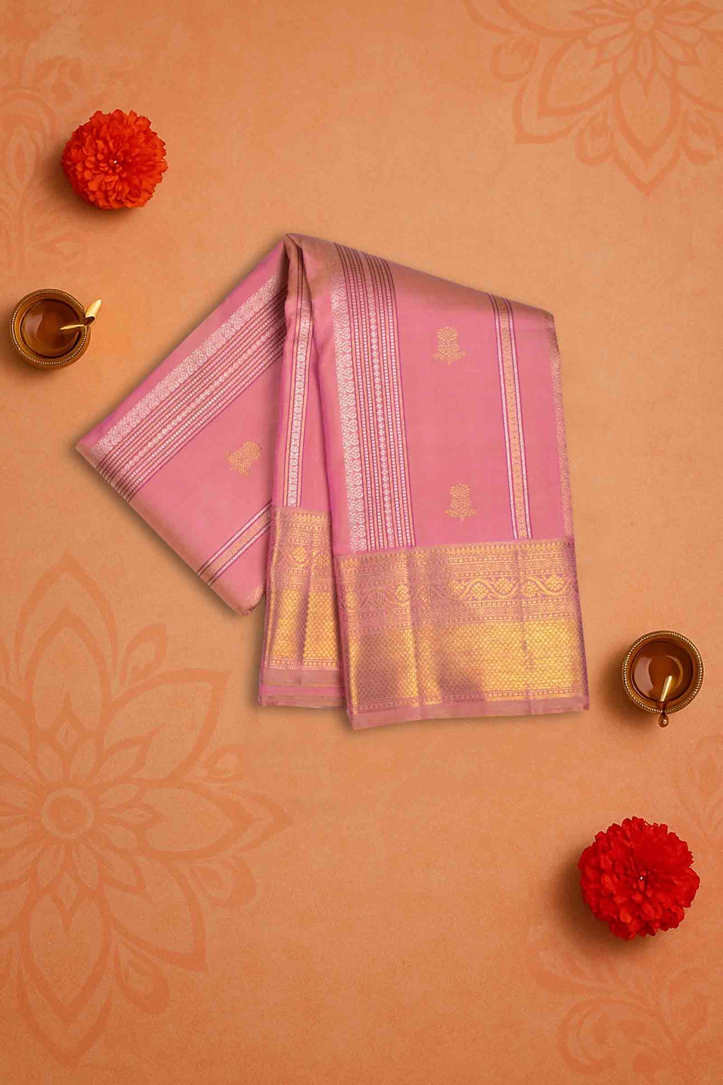 Golden Light Pink Kanchipuram Bridal Pure Silk Zari Border Saree NAA122