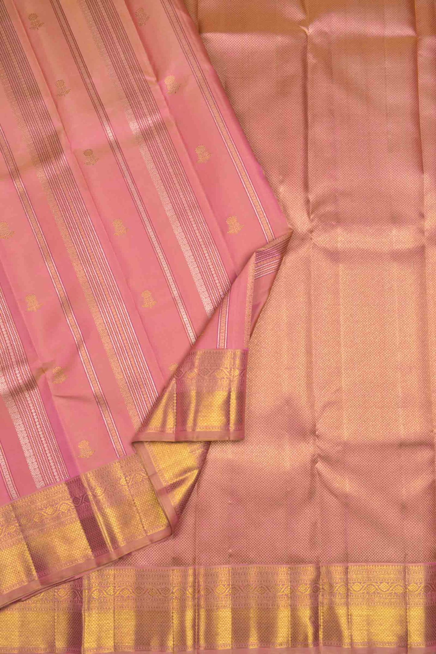 Golden Light Pink Kanchipuram Bridal Pure Silk Zari Border Saree NAA122