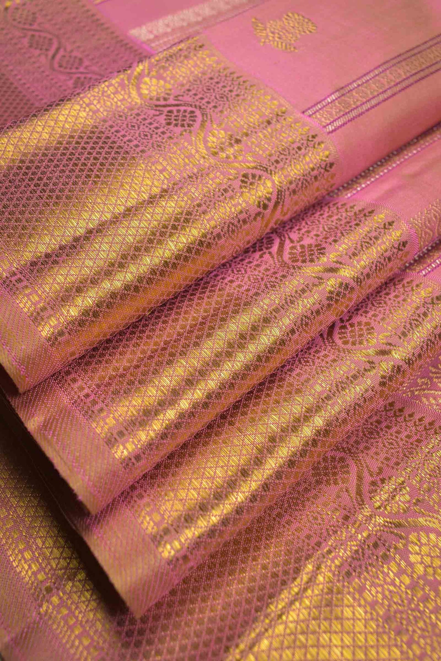 Golden Light Pink Kanchipuram Bridal Pure Silk Zari Border Saree NAA122
