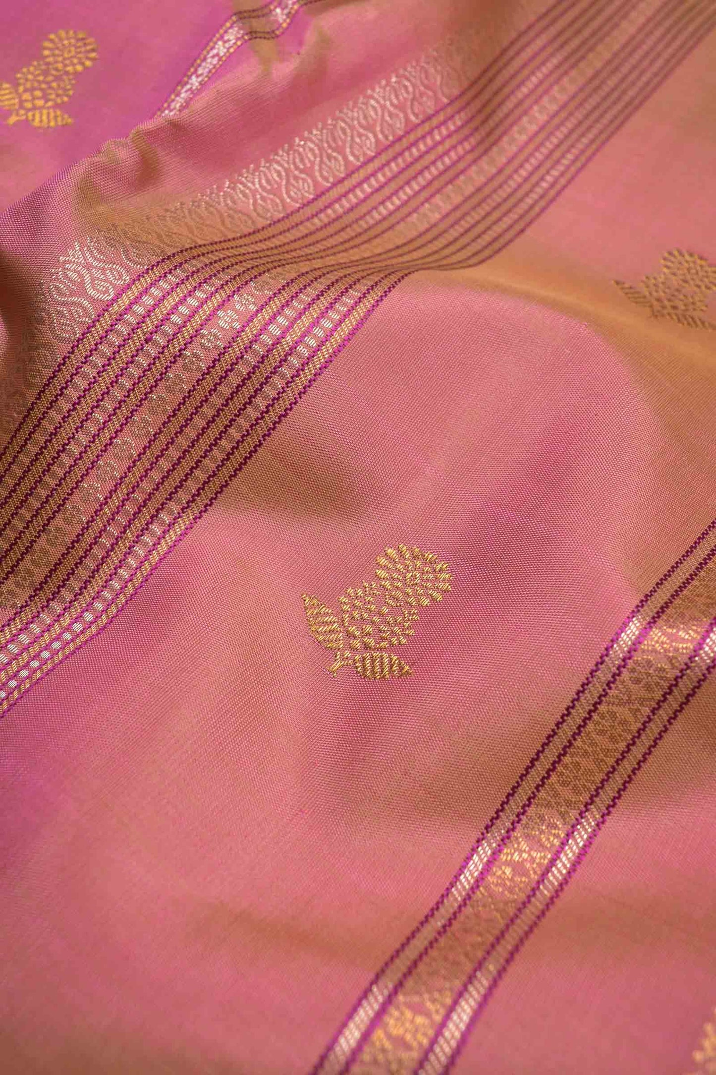 Golden Light Pink Kanchipuram Bridal Pure Silk Zari Border Saree NAA122