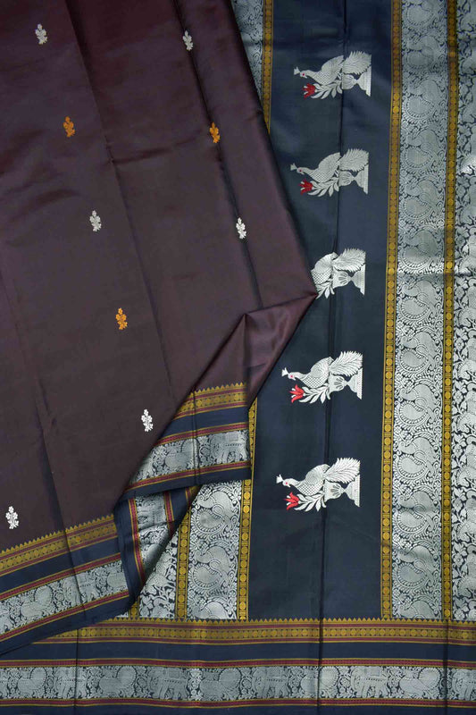 Dark Brown Light Weight Pure Silk Butta Annan Elephant Border Pallu Saree NAA148