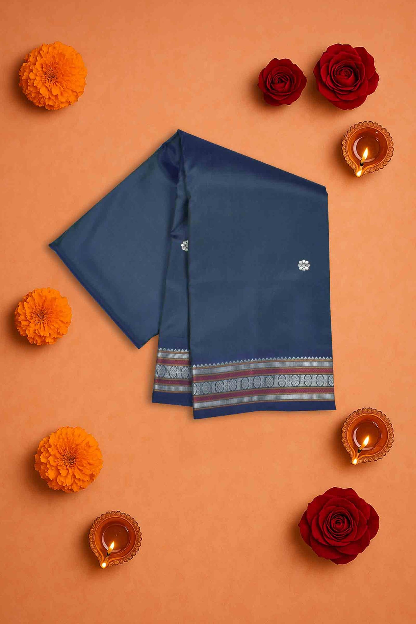 Navy Blue Light Weight Pure Silk Flower Butta Pichwai Pallu Saree NAA150