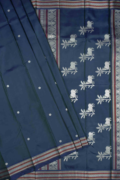 Navy Blue Light Weight Pure Silk Flower Butta Pichwai Pallu Saree NAA150