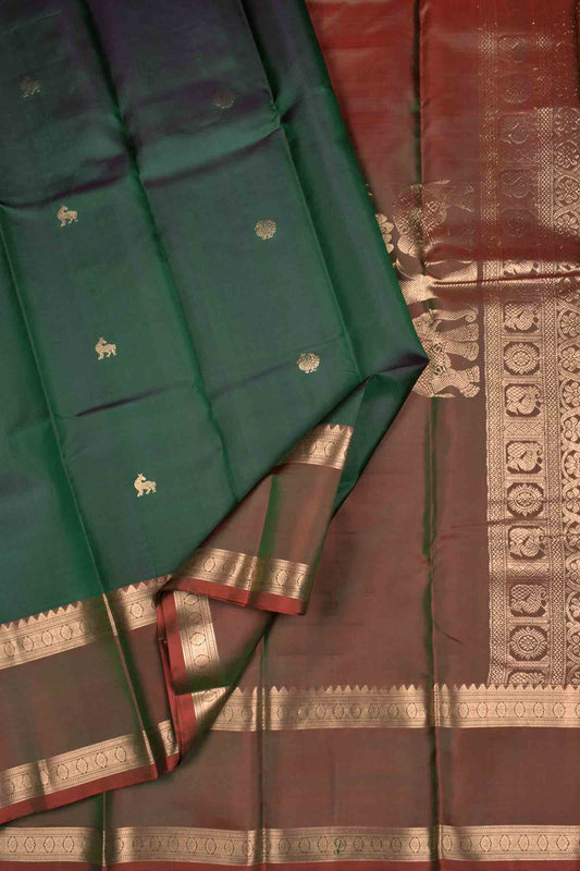 Green Light Weight Pure Silk Butta Zari Border Grand Golden Tree Peacock Elephant Pallu Saree NAA151