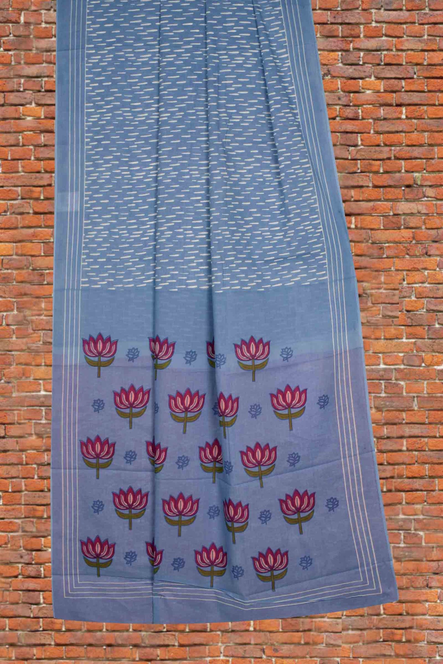 Light Blue Jaipur Cotton Rain Drops Printed Lotus Pallu Saree
