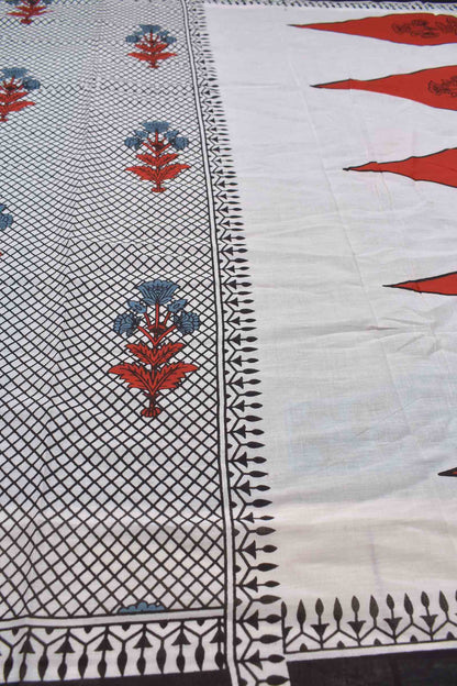 White And Black Jaipur Cotton Mini Checks Floral Printed Saree