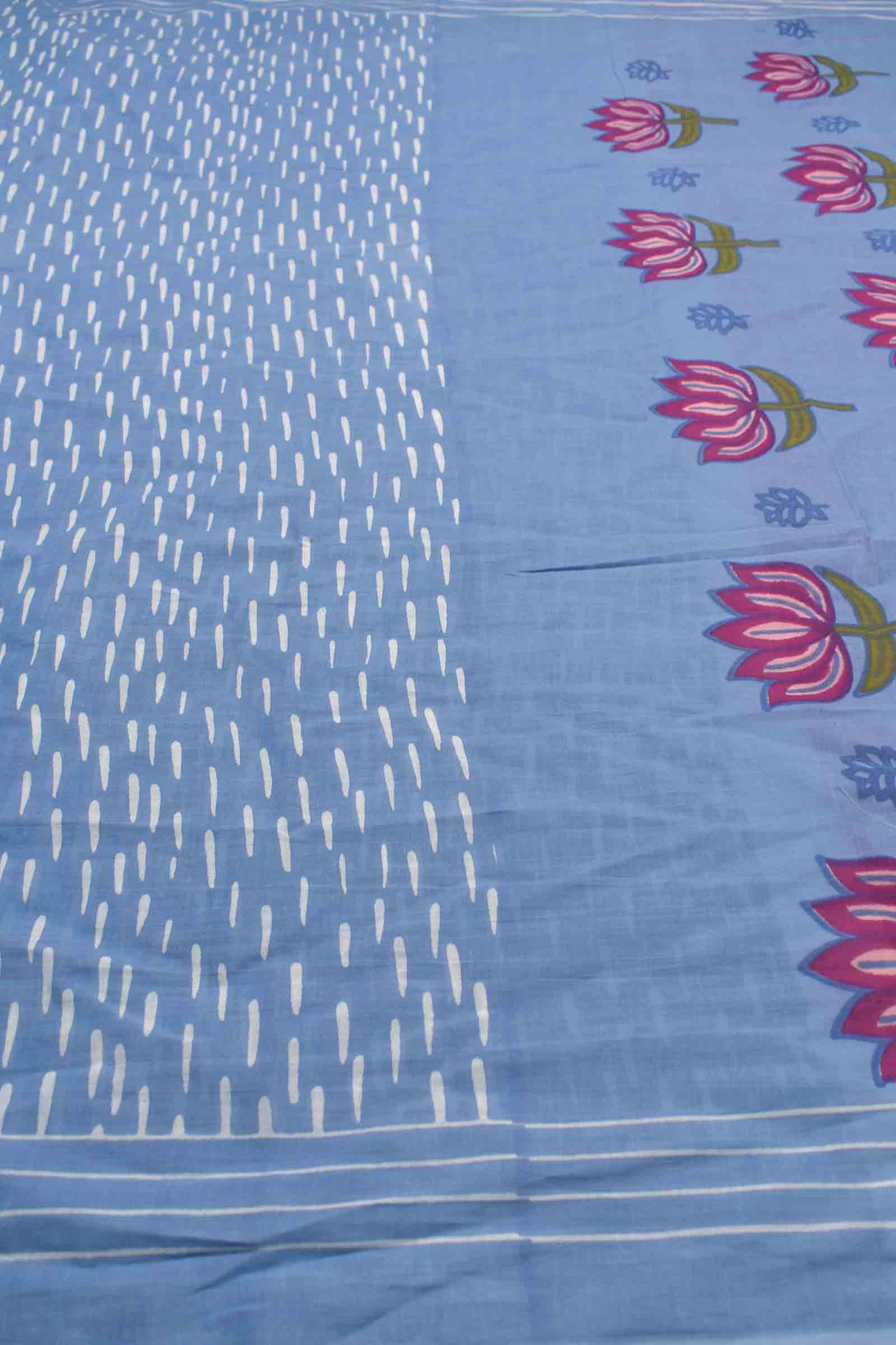 Light Blue Jaipur Cotton Rain Drops Printed Lotus Pallu Saree