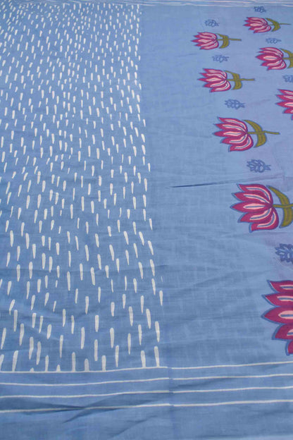 Light Blue Jaipur Cotton Rain Drops Printed Lotus Pallu Saree