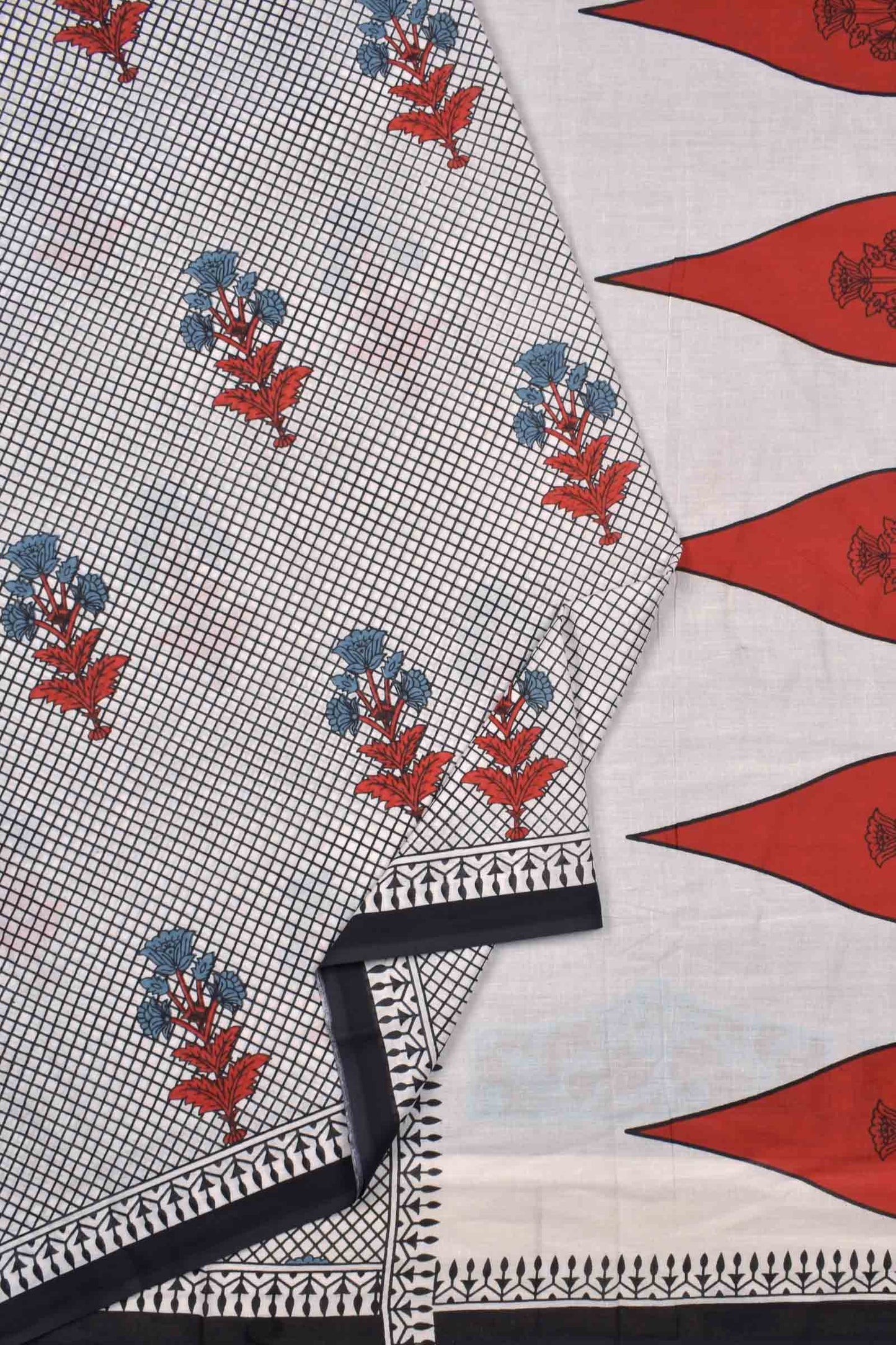 White And Black Jaipur Cotton Mini Checks Floral Printed Saree