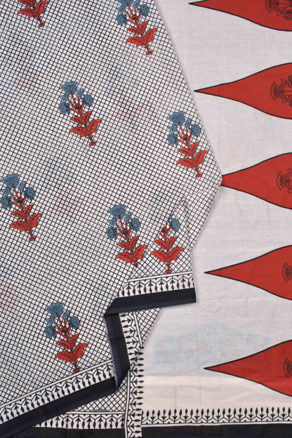 White And Black Jaipur Cotton Mini Checks Floral Printed Saree