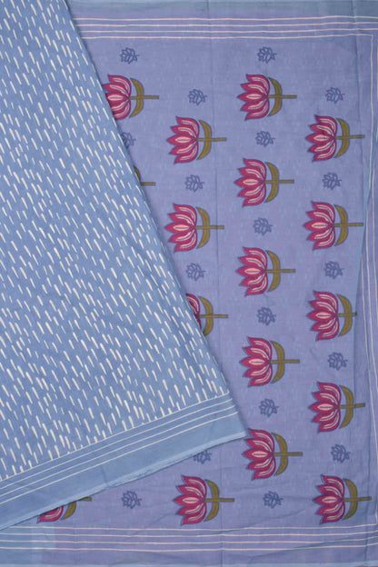 Light Blue Jaipur Cotton Rain Drops Printed Lotus Pallu Saree