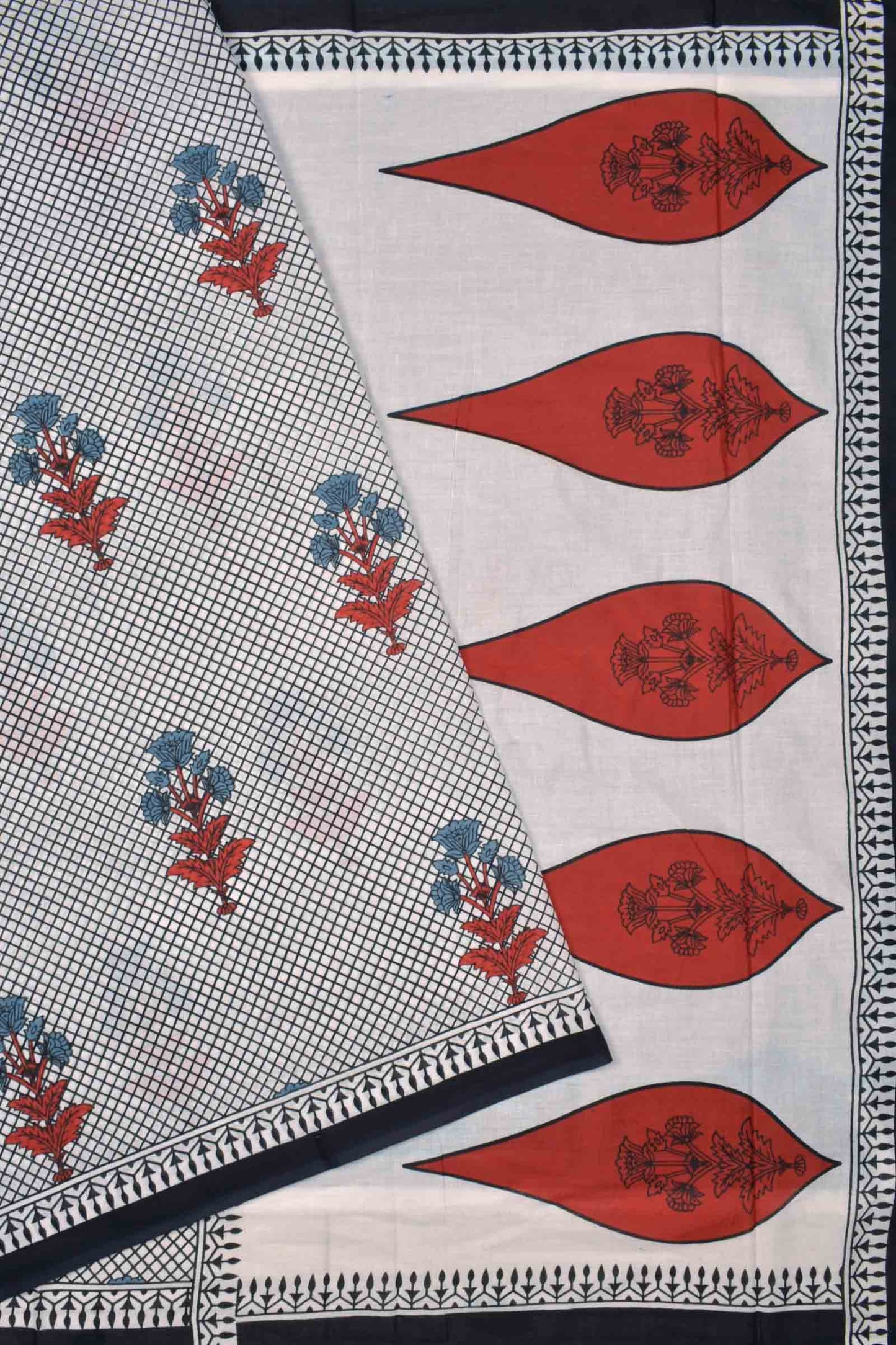 White And Black Jaipur Cotton Mini Checks Floral Printed Saree