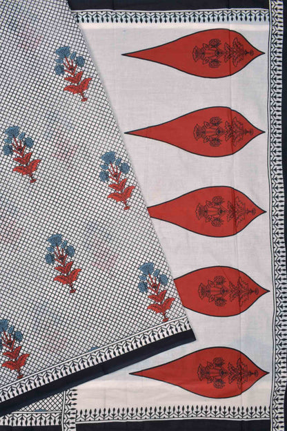 White And Black Jaipur Cotton Mini Checks Floral Printed Saree