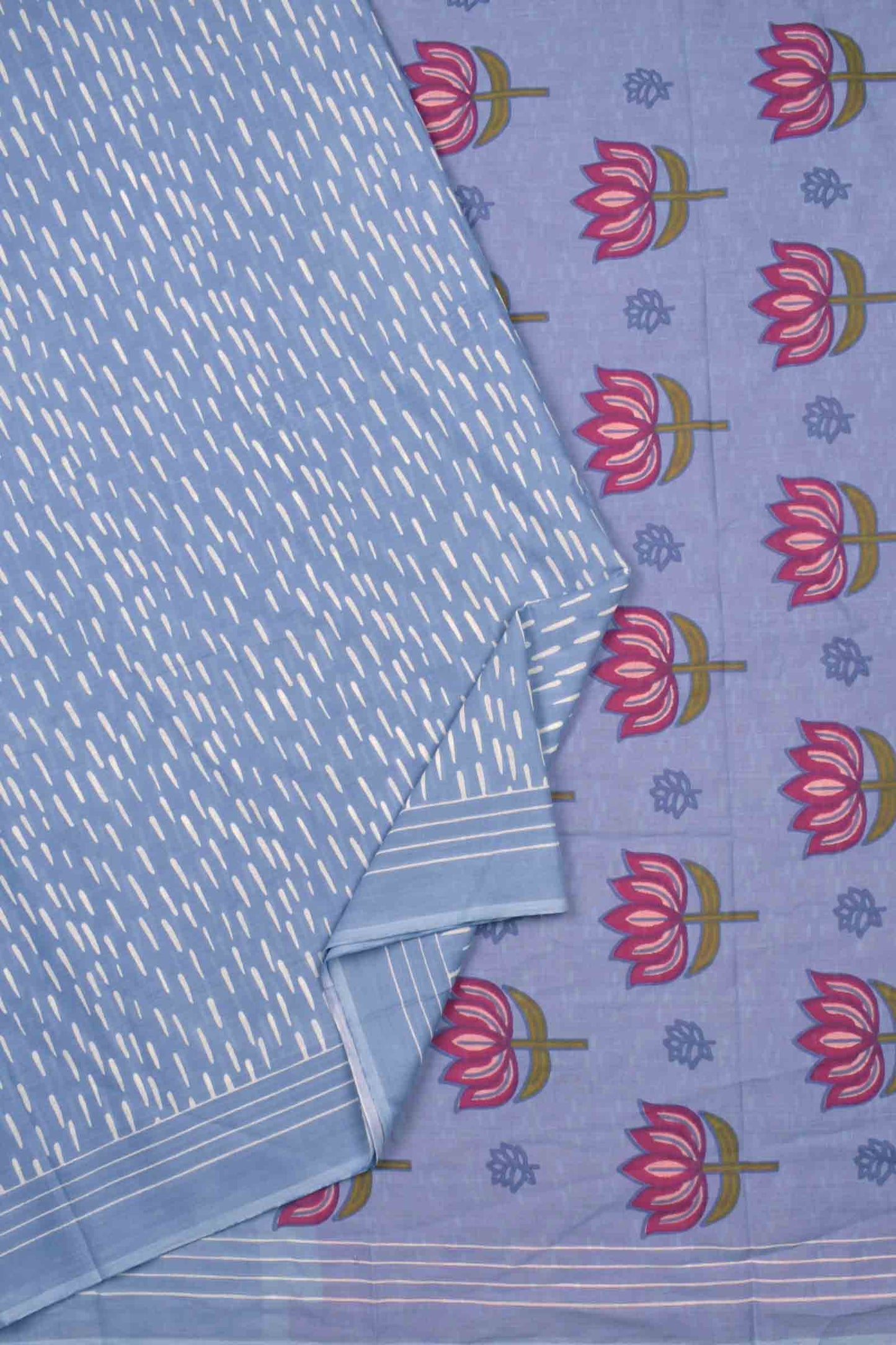 Light Blue Jaipur Cotton Rain Drops Printed Lotus Pallu Saree