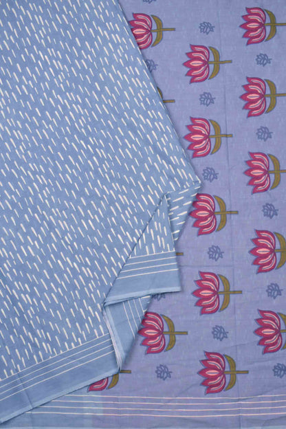 Light Blue Jaipur Cotton Rain Drops Printed Lotus Pallu Saree