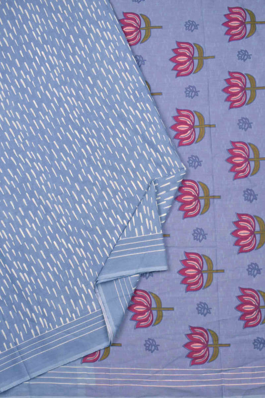 Light Blue Jaipur Cotton Rain Drops Printed Lotus Pallu Saree