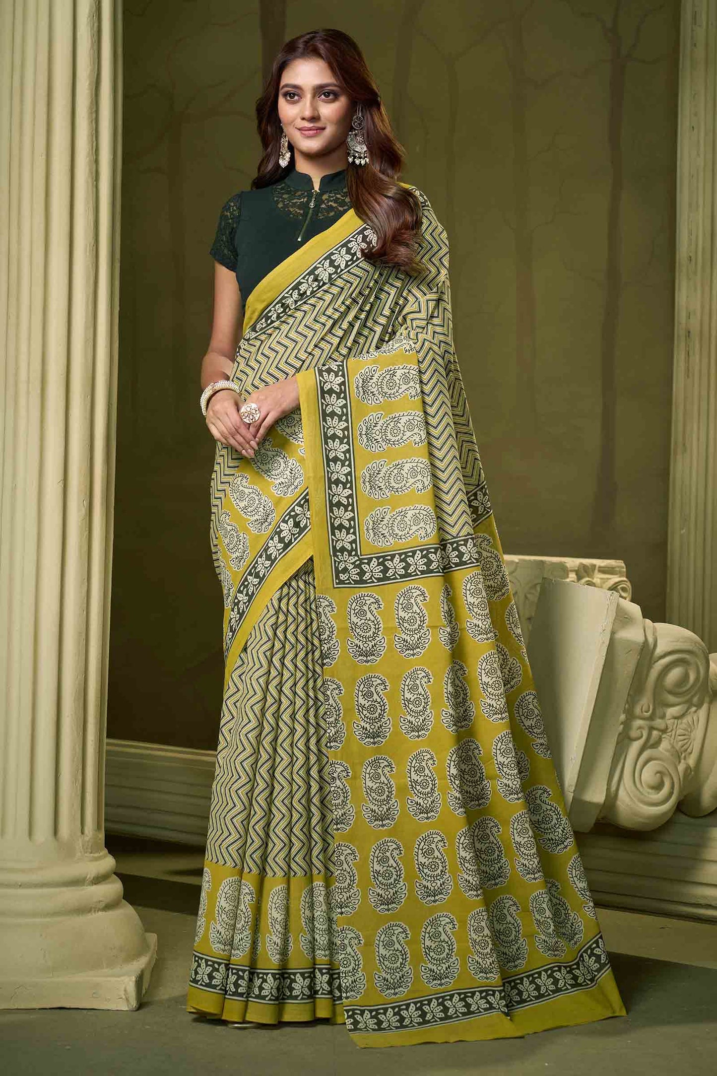 Mustard Yellow Jaipur Cotton Waves Printed Paisely Pallu Saree  MODEL