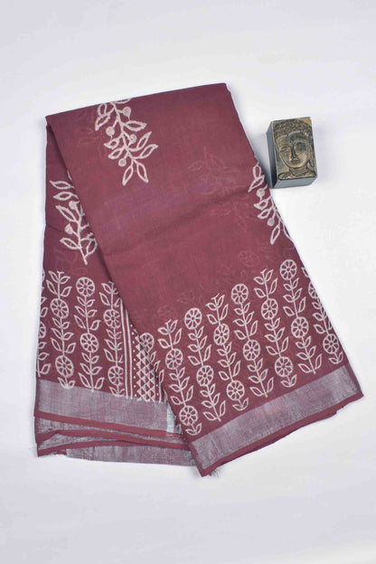 Mauve taupe Semi Linen Zari Border Floral Art Digital Print Saree
