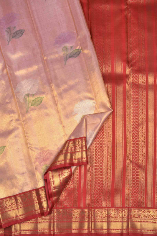 Golden Light Pink Tissue Kanchipuram Bridal Pure Silk Roses Butta Contrast Red Zari Border Pallu Saree NAA153