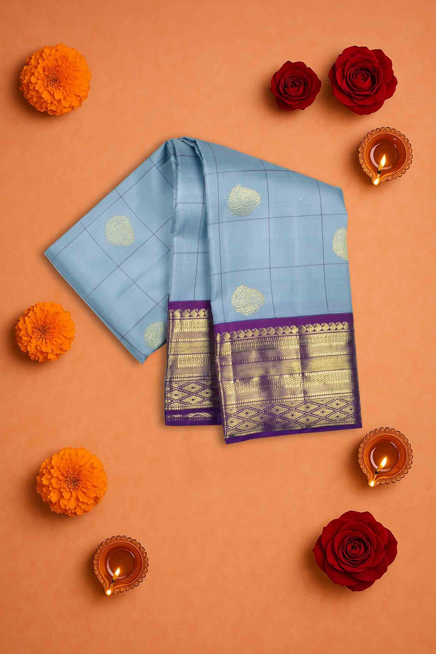 Silver Grey Light Weight Pure Silk Butta Kattam Contrast Voilet Zari Border Pallu Saree NAA157