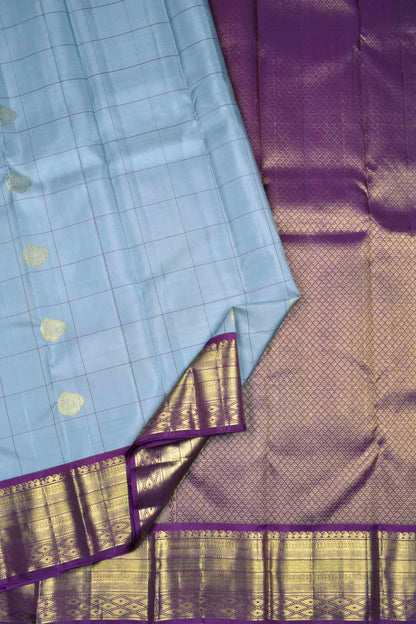 Silver Grey Light Weight Pure Silk Butta Kattam Contrast Voilet Zari Border Pallu Saree NAA157