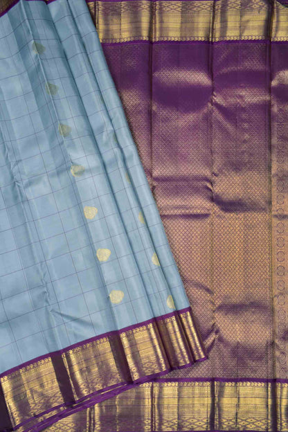 Silver Grey Light Weight Pure Silk Butta Kattam Contrast Voilet Zari Border Pallu Saree NAA157