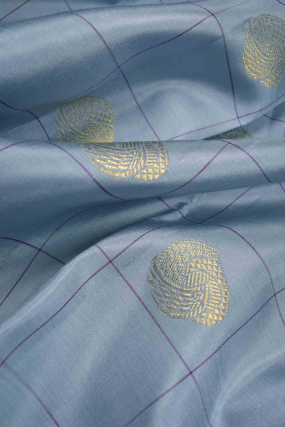 Silver Grey Light Weight Pure Silk Butta Kattam Contrast Voilet Zari Border Pallu Saree NAA157