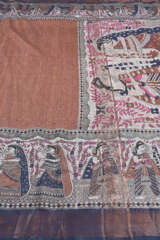 Brown  Bengal Cotton Zari Checks Folk Art Border Saree