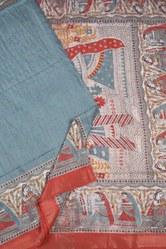 Grey's Blue Bengal Cotton Zari Checks Folk Art Border Saree