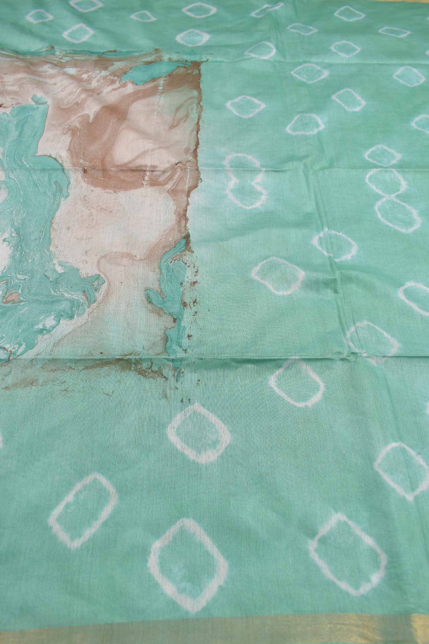 Aquamarine Green Bengal Cotton Batik Style Marble Print Saree