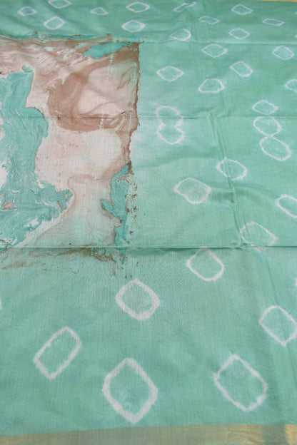 Aquamarine Green Bengal Cotton Batik Style Marble Print Saree
