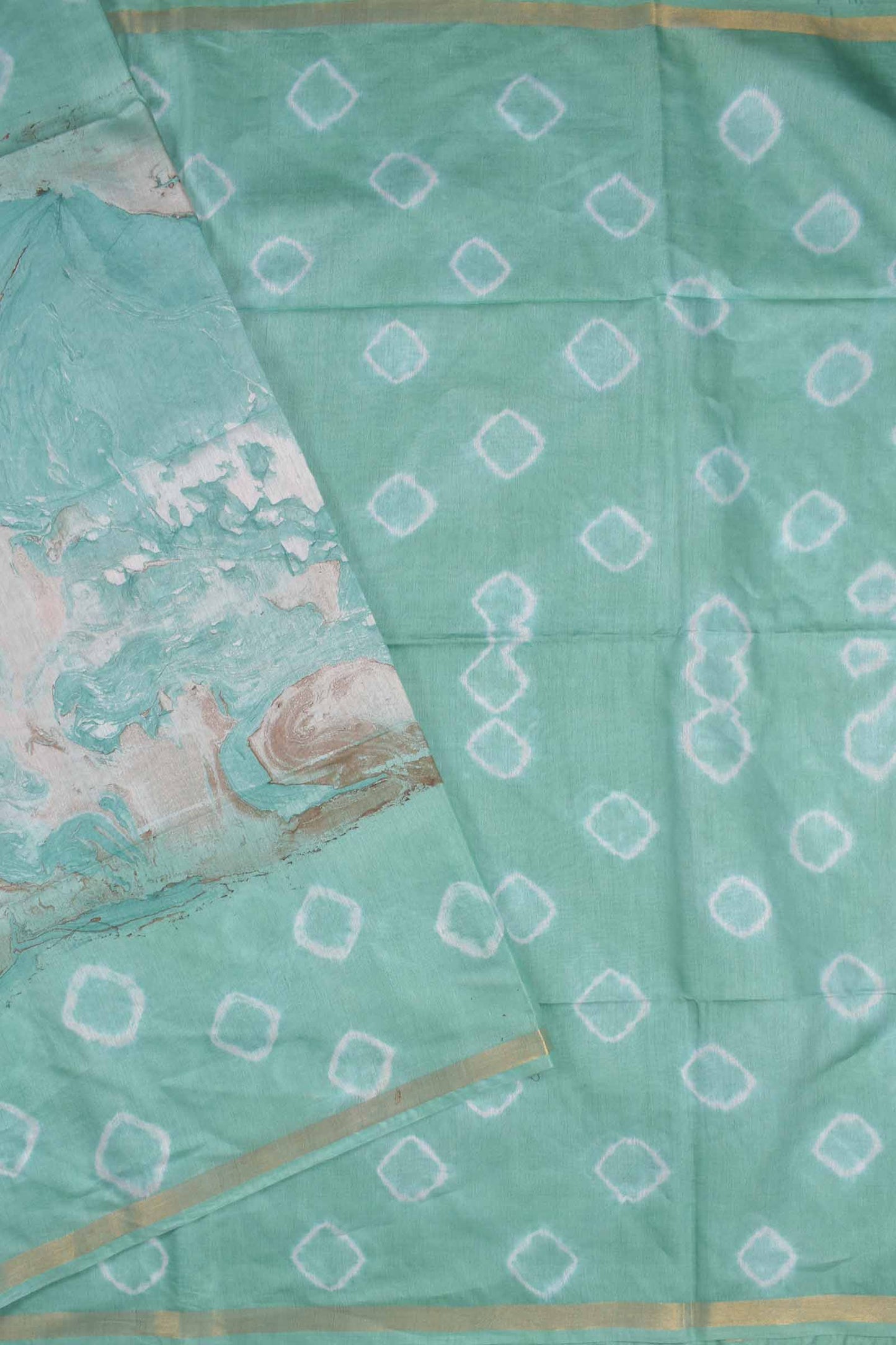 Aquamarine Green Bengal Cotton Batik Style Marble Print Saree
